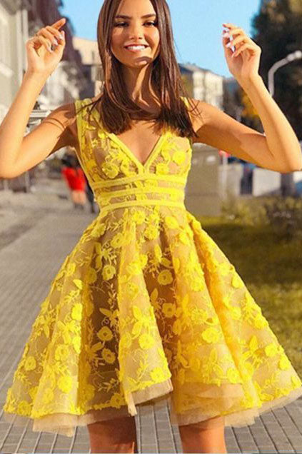 V neck Yellow Short Lace Prom Dress ...